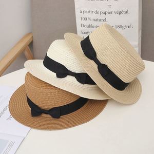 Wholesale Summer Children Beach <b>Hats</b> Sunshade Sun protection <b>Flat</b> Top Kids Straw <b>Hat</b> With Ribbon - Product Image 2