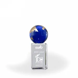 Custom logo clear blue crystal glass earth globe sandblasting with stand