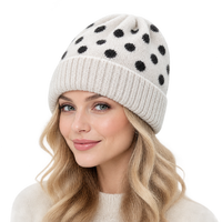 Bonnet en tricot à pois vintage pour femme, chapeau d'hiver moelleux, bonnet chaud en jacquard à bord large côtelé