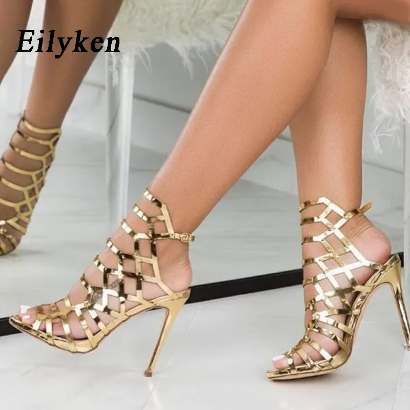 Eilyken Gladiator Women Sandals Ankle Strap Summer shoes Sandals Thick high heels Buckle Strap Golden Sandals Women Pumps
