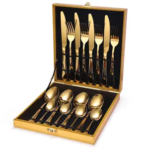 Luxury Reusable Spoon Fork Camping Portable Wedding Travel 16Pcs Stainless Steel Flatware Gold Cutlery Set With Wooden Case