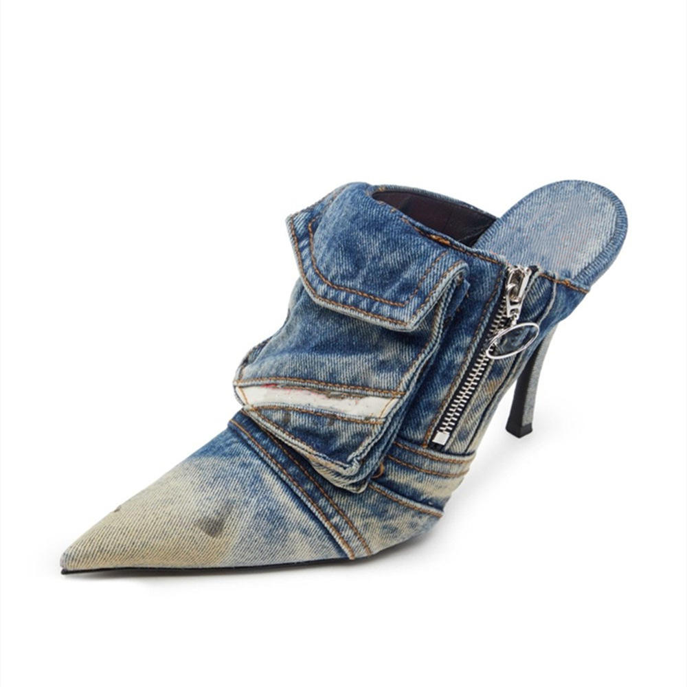 Women's Denim Slip-on High Heel Sandals Summer 2024