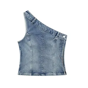 KAR & OTZA femmes 2023 automne nouveau sans manches asymétrique conception inclinée épaule Denim court gilet haut 6045005