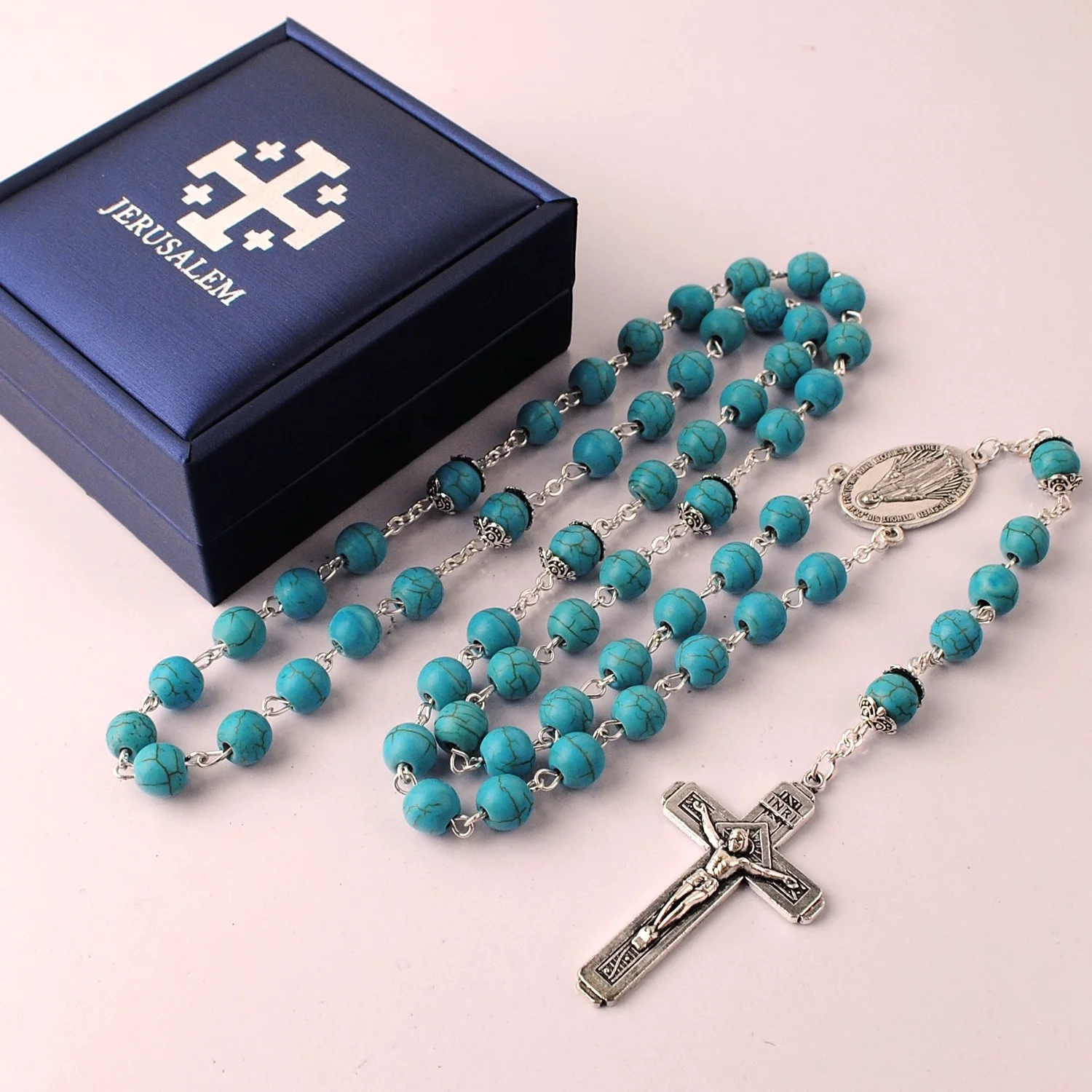 8Mm Turquoise Stenen Kralen Rozenkrans Mannen Ketting Katholieke Religieuze Sieraden In Zilver Plated Met Blue Box