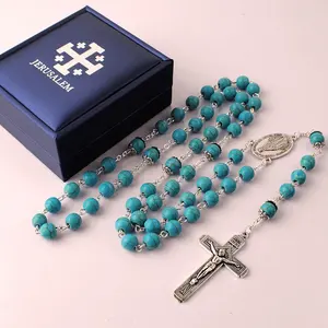 8mm Turquoise Stone Beads Rosary Men's Necklace Catholic Religious Jewelry in Silver plated with Blue Box
