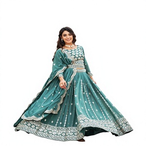 Ensemble Lehenga Choli en coton brodé vert sarcelle avec dupatta, tenue de mariage indienne traditionnelle pour femme, longueur ras du sol, coupe classique - Product Image 1