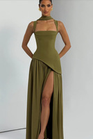 Robe longue décontractée d'été pour femme T1851, style soirée, épaules dénudées, dos nu à lacets, fente latérale, idéale pour les anniversaires