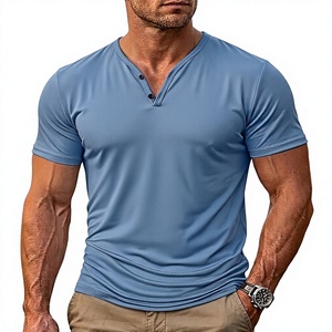 Men's Light Blue Short Sleeve T-Shirt Slim Fit V-Neck Breathable Casual Jersey Cotton Solid Color 200 Grams Anti-Wrinkle - Product Image 4