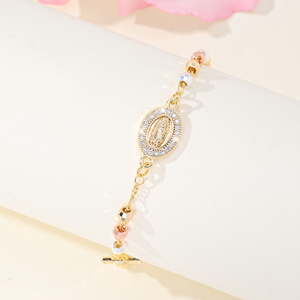 Braccialetti da donna con ciondolo a croce, rosario tricolore, San Benedetto, braccialetti religiosi con perline della Vergine Maria di Guadalupe, placcati in oro. - Product Image 2