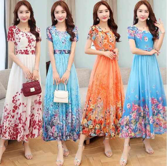 New Women floral print Dress Korean Casual Popular Fashion long midi Dresses