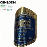 Étiquettes de vin personnalisées bleues et dorées en relief - Autocollants de forme de bouclier ornés