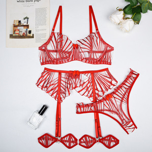 New Stripe Embroidery Breathable See-through Mesh Handwash Care Nylon Lingerie <b>Set</b> with Garter <b>Sexy</b> Women's Underwear - Product Image 6