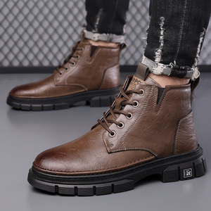 Bottes Martin pour hommes, hauteur cheville, bout rond, talon plat, doublure en fourrure, semelle extérieure en caoutchouc antidérapante, à lacets, chaussures d'hiver - Product Image 2