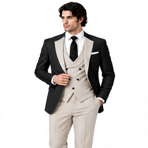 Traje formal de 3 piezas para hombre, color negro y marfil, con solapa en contraste, blazer, chaleco de doble botonadura, pantalones, traje de novio para boda - Product Image 4