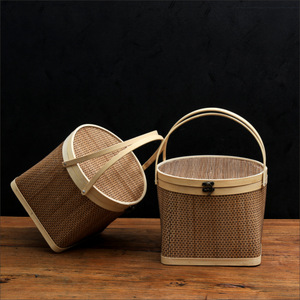 Bamboo Woven Basket Round Top Square Base <b>Small</b> Size Handheld Gift <b>Box</b> For Fruits Eggs Crabs Mooncakes Rice Dumplings - Product Image 2