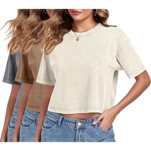 Camiseta Corta para Mujer, Estilo Acid Wash, Manga Corta, Cuello Redondo, Básica, Holgada, para Verano - Product Image 1