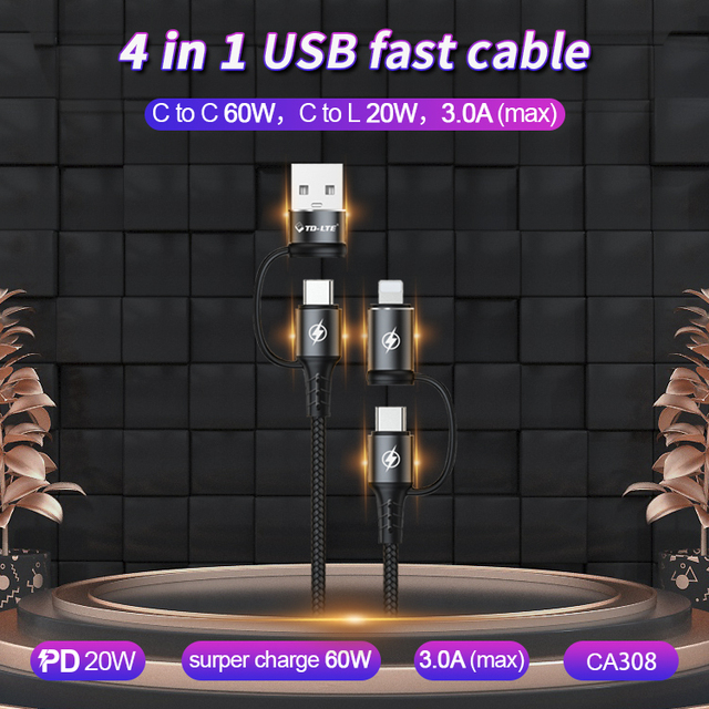 Hot Sell USB C Fast Charging Cable PD 60W 4in1 3A USB C to Type C Phone Fast Charger Adapter Cord Data Cable