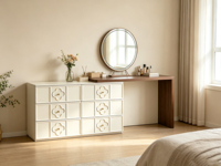 Coiffeuse moderne en teck crème avec miroir éclairé réglable et tiroirs de rangement pour appartement et chambre à coucher