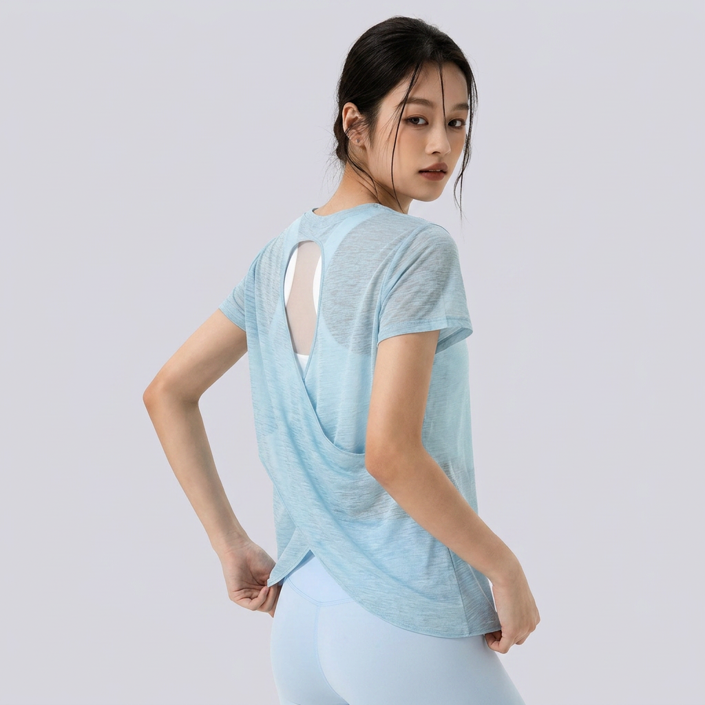 Wholesale Women's Cross Back Hollow Out Yoga Top Short Sleeve Breathable Workout Shirt Loose Fit Quick Dry Pilates Athletic Wear