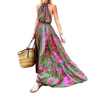 Customized European and American neck hanging sexy backless printed fashion dress, Chinese manufacturer