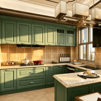 Cuisine modulaire de style européen sur mesure, armoires vertes peintes, portes à panneaux surélevés, îlot en forme de L, stratifié, panneau mélaminé, marbre