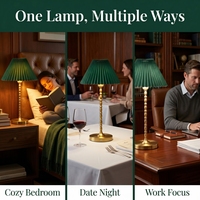 Lampe de table sans fil portable pour la décoration intérieure, idéale pour les mariages, avec abat-jour plissé vert, base à tige, style vintage, rechargeable