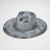 Vintage Distressed Gebürsteter Fedora-Hut mit Breiter Krempe Punk Jazz Hut mit Metallkette Unisex Gothic Cosplay Kostüm Zylinder Grau Schwarz