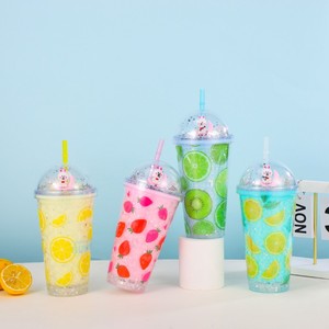 Lovely 450ml Four Color Summer Fruits Themed Double Wall <b>Plastic</b> Straw Tumbler with Decorative Silver Glitter Filled Dome Lid - Product Image 5