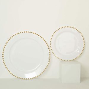 White Gold Beaded <b>Plastic</b> Charger Plates 13 Inch Heavy Duty Clear Round Underplates Bulk Disposable Tableware for Banquets - Product Image 3