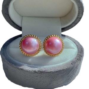Boucles d'oreilles en perles Mabe roses d'eau de mer, plaquées or, clous ronds, bijoux élégants pour femmes - Product Image 5