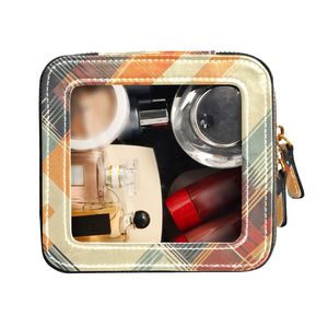 Bolsa de Maquillaje Vintage de Cuero a Cuadros con Ventana Transparente, Organizador de Artículos de Aseo Portátil para Viaje, Bolsa Cosmética Pequeña para el Bolso - Product Image 2