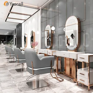 Yoocell Kualitas Tinggi Mawar Emas Salon Stasiun Lemari Kayu untuk Memotong Rambut Cermin Station dengan Led Light untuk Salon Kecantikan