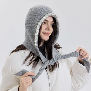 Gorro de punto con orejeras, logotipo personalizado, con perlas y lazo, gorro francés, gorro de invierno para mujer, venta al por mayor de fábrica - Product Image 5
