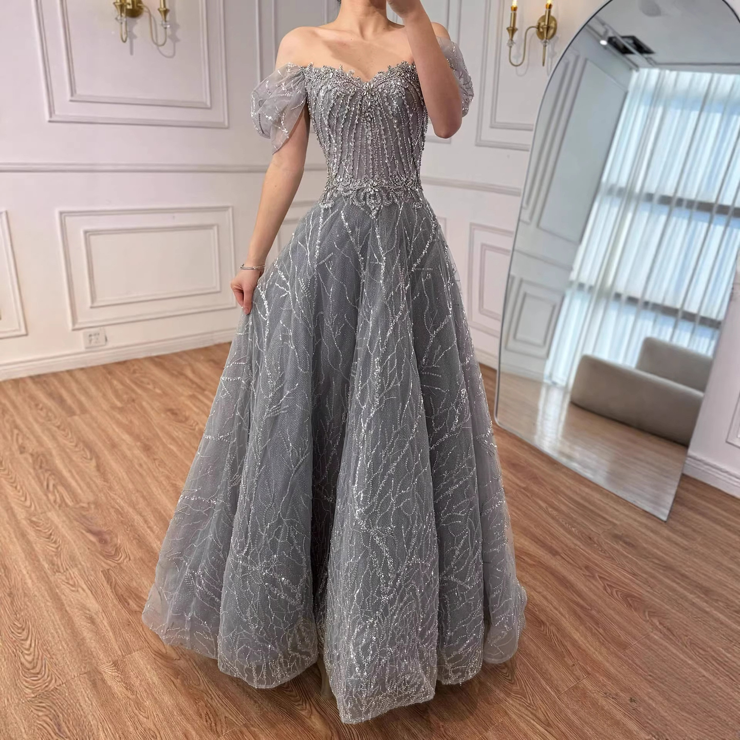 true decadence grey dress Elegant Grey Blue A-Line Bridesmaid Dress with Flutter Sleeve main image 0