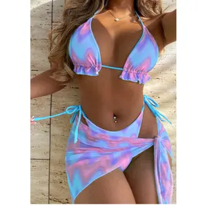 Maillot de bain 2023 maillots de bain femmes Bikini brésilien et jupe en maille rayure trois pièces Bikini ensemble Micro Mini Bikini