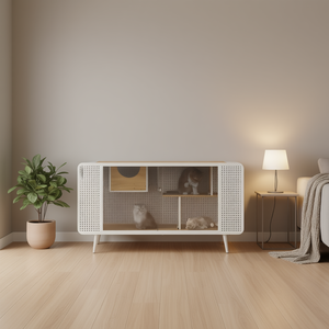 Maison pour chat blanche, 55,12 pouces, meuble moderne et spacieux pour animaux de compagnie pour salon, avec verre trempé et toit en bois - Product Image 2