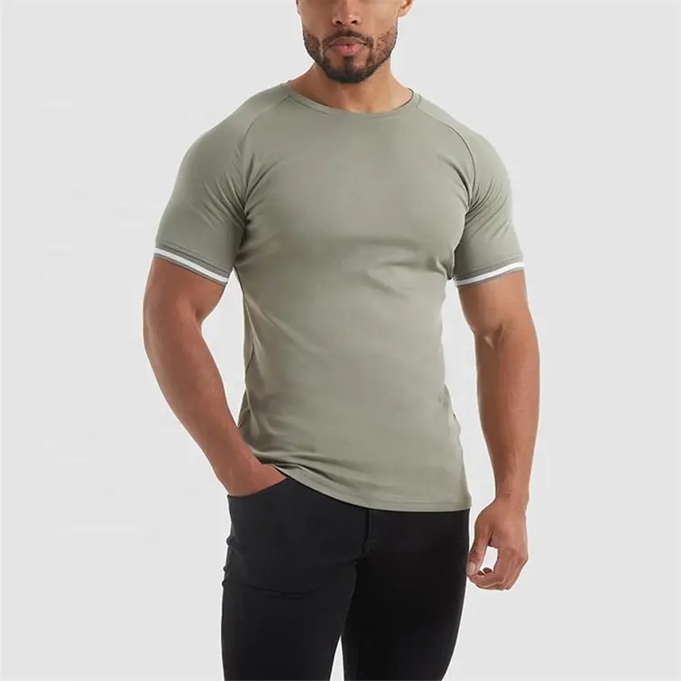 Camiseta ajustada para gimnasio con cuello redondo y ajuste muscular para hombre, Camiseta deportiva con puño acanalado de tela de LICRA de algodón elástico para hombre