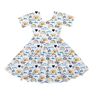 Fashion New Flower Girls' Dresses Short Sleeve Over Print Children Dress Summer Kids Dresses For Kids Girl