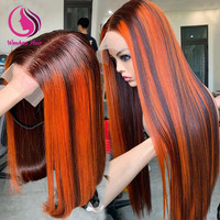 Peluca de Encaje Frontal Completo HD con Reflejos Naranja Jengibre Suave, Cabello Virgen Vietnamita Original, Pelucas sin Pegamento 5x5, Cabello Humano con Frente de Encaje