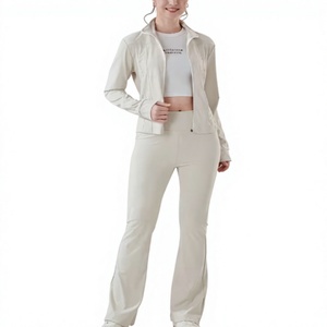 Ensemble sportif 2 pièces beige pour femme, en tricot Spandex/Coton, avec veste à manches longues color block et fermeture éclair, coupe régulière, respirant, toutes saisons - Product Image 1