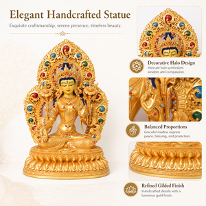 Statue <span class=keywords><strong>d</strong></span>'<span class=keywords><strong>ange</strong></span> Tara verte et blanche faite à la main, sculpture bouddhiste tibétaine en laiton, auréole plaquée or, pour autel, temple, Feng Shui, style moderne - Product Image 3