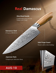 Couteau de chef en acier Damas de 8 pouces, manche en <span class=keywords><strong>bois</strong></span> d'olivier personnalisé, 67 couches, ensemble de couteaux de cuisine japonais avec boîte cadeau en <span class=keywords><strong>bois</strong></span> - Product Image 5