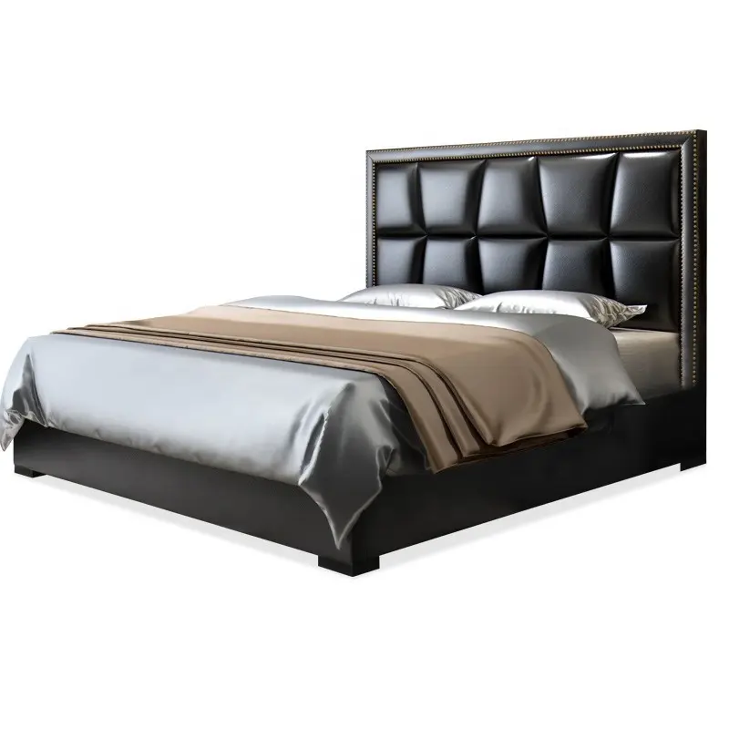Elegante diseño de lujo, alta calidad, marco de cama de cuero pu suave negro con cómodo cabecero en forma de rejilla para muebles de dormitorio