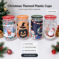 Gobelet en plastique transparent de 16 oz avec couvercle coloré et paille, idéal pour Halloween, Noël et les fêtes, réutilisable, en forme de canette, pour boissons