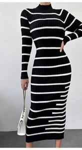 OEM & ODM <span class=keywords><strong>abito</strong></span> classico di alta qualità <span class=keywords><strong>nero</strong></span> alternato in <span class=keywords><strong>maglia</strong></span> bianca a collo alto manica lunga Slim Fit maglione a righe da donna Sexy - Product Image 3