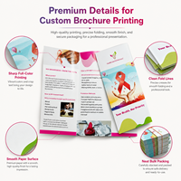 Impression de brochures personnalisées à trois volets, couleur pleine, papier offset, finition vernie, fabricant de prospectus promotionnels OEM