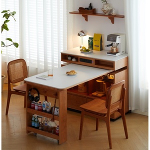 Buffet Carré Moderne en <span class=keywords><strong>Bois</strong></span> Massif avec Plateau en Ardoise Rotatif, Extensible et Pliable de Style Japonais, Bar à Vin Intégré, Sans <span class=keywords><strong>Assemblage</strong></span> - Product Image 1