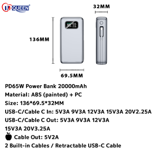 อุปกรณ์เสริมโทรศัพท์มือถือขายส่งแบบ OEM/ODM พาวเวอร์แบงค์ 20000mAh 65W PD พร้อมสาย USB-C ในตัว ของขวัญแบบกำหนดเองได้ - Product Image 2