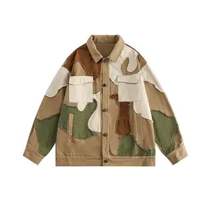 Personality Style Raw Edage Splicing Cotton Canvas Work Jacket Men's Loose Patchwork Jacket