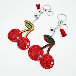Fashion Women Cherry Charm Bag Pendant Accessories Rhinestone Cherry Keychain Bling Crystal Fruit Cherry Shape Crystal Key Chain